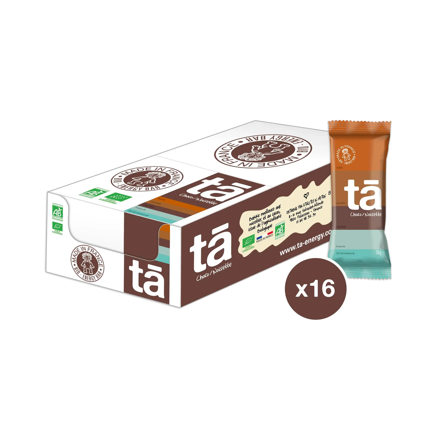 Boîte de 16 barres énergétiques bio 38g saveur chocolat noisette