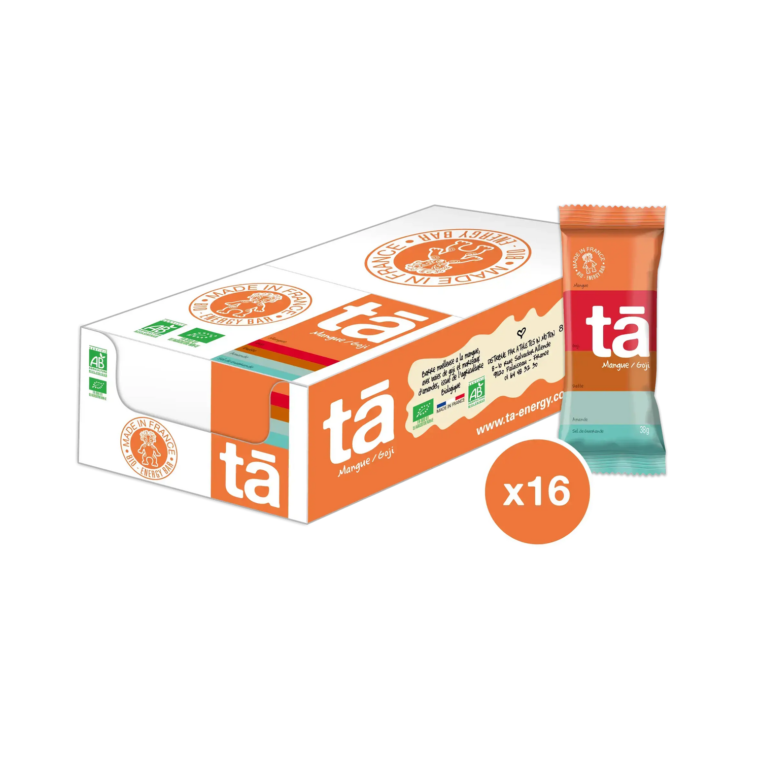 Boîte de 16 barres énergétiques bio 38g saveur mangue goji