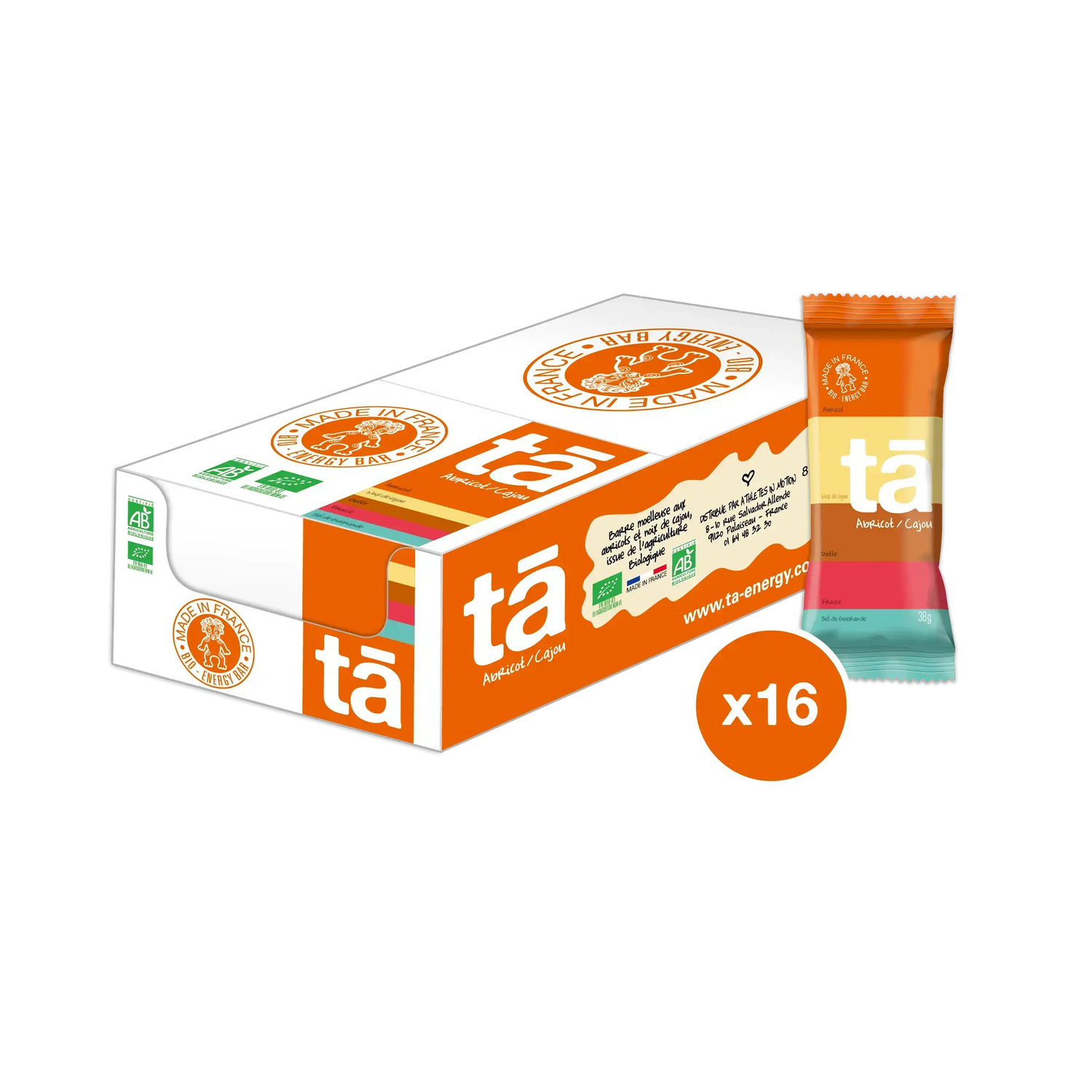 Boîte de 16 barres énergétiques bio 38g saveur abricot cajou